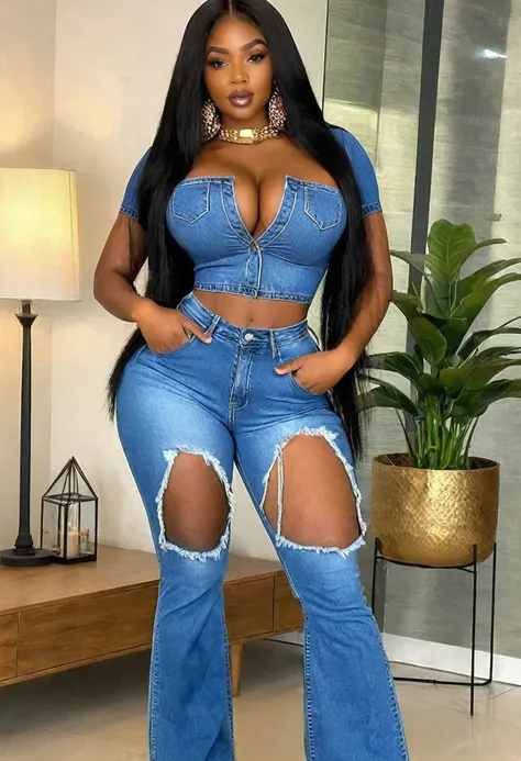 (best high quality:1.5), work of art, (8k), extremely detailed, (High details:1.4), Solo, ((HotLexi)), Angolan female with 24 years old, (long blounse, pants denim), (medium round breasts), (perfect hourglass hot body),