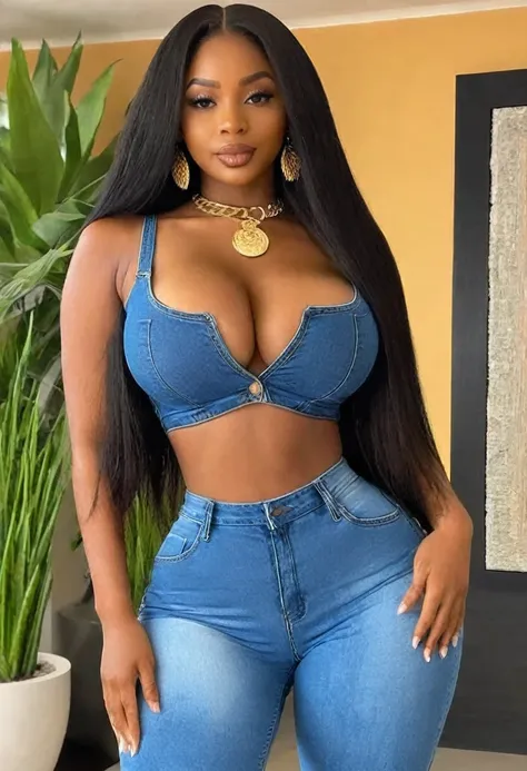 (best high quality:1.5), work of art, (8k), extremely detailed, (High details:1.4), Solo, ((HotLexi)), Angolan female with 24 years old, (long blounse, pants denim), (medium round breasts), (perfect hourglass hot body),