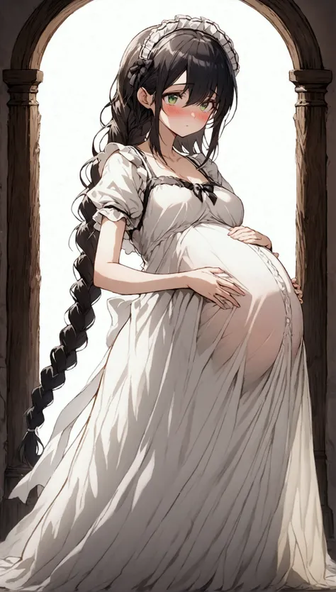 Anime. 1 girl. Housemaid. Pregnant. Black hair. Long hair. Hair is gathered in braids. Green eyes. Beautiful eyes. Perfect eyes. Expressive eyes. Beautiful nose. Ideal anatomical body. Beautiful graceful hands. Beautiful graceful legs. Medium breasts. Beau...