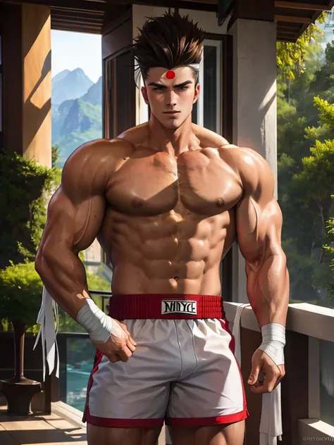 25-year-old man, alone, athletic, muscular, tall hair, white band on his forehead, no shirt, wears white bandages that cover almost the entire forearm, wears red shorts, looks seriously at the viewer, muay thai position, cinematic, focus ultra sharp, award...