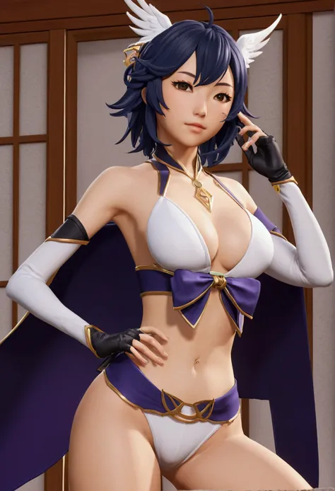 Ayaka from the game Genshin Impact takes off her clothes