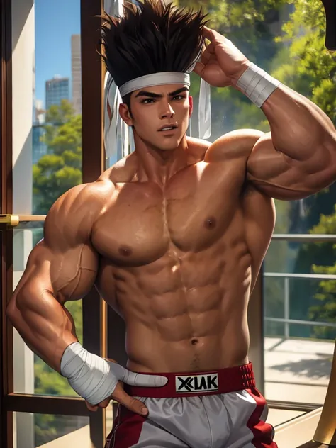 25-year-old man, alone, athletic, muscular, tall hair, white band on his forehead, no shirt, wears white bandages that cover almost the entire forearm, wears red shorts, looks seriously at the viewer, muay thai position, cinematic, focus ultra sharp, award...