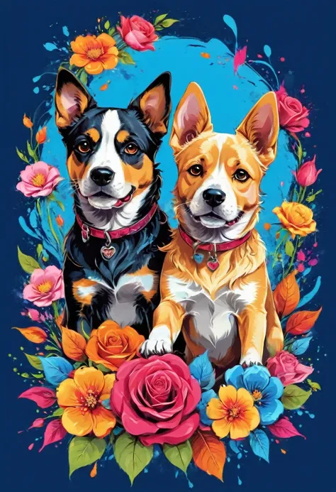 A t-shirt with vector art of a colorful illustration, two dogs rose flowers, At the center, swirly vibrant colors, paint splashes and smears, high détail, blue background, t-shirt designs
(artwork, best quality, proffesional, perfect composition, very aest...