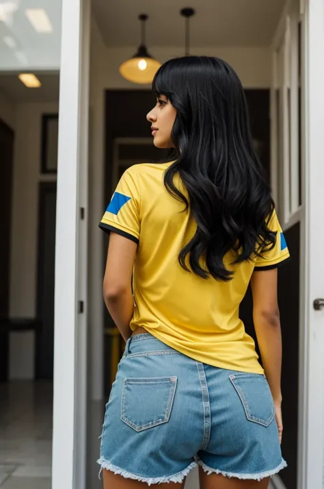 woman from behind with black hair wearing the Colombia shirt with the name Camila