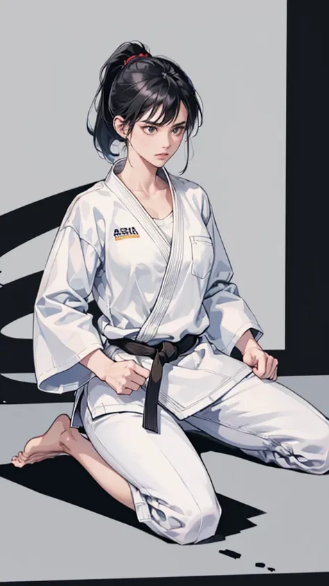 slender female karateka　mature woman　((seiza))　open chest　karate dojo　black hair　ponytail　((white t-shirt underneath the karate ...