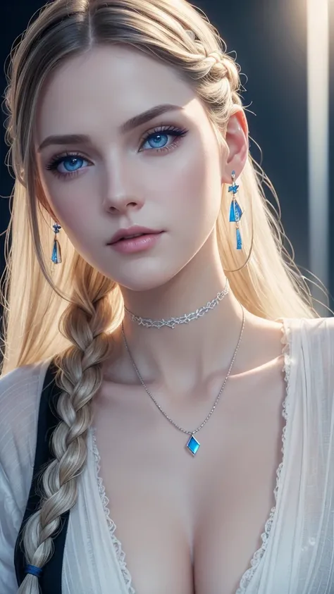 close-up of a beautiful woman, pale white skin, blue eyes, very long white braided hair, makeup, earrings, choker, low-cut black shirt (translucent), (masterpiece), (8K), (photorealistic), (ray tracing) ), (excellent lighting effect).ufo 