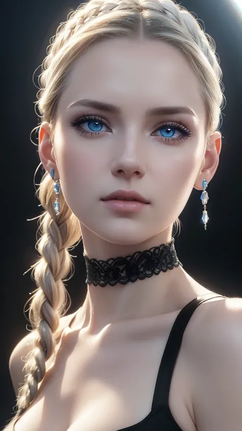 close-up of a beautiful woman, pale white skin, blue eyes, very long white braided hair, makeup, earrings, choker, low-cut black shirt (translucent), (masterpiece), (8K), (photorealistic), (ray tracing) ), (excellent lighting effect).ufo 