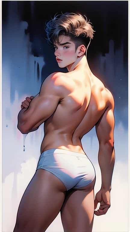 dissolute, very handsome boy shows his ass, a young guy of fifteen years old with round, voluminous buttocks and a thin waist, splashes of white sticky liquid, Tango panties are two sizes too small , bold hairstyle. watercolor, Boys only, Guys, Young man