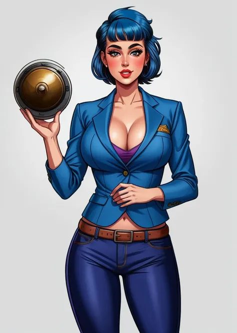 Cropped Blazer,
Blue hair,
Layered haircut,
Flared pants,
rubenesque, pinup,
cowboy shot, standing , in a retro-futuristic setting, atompunk style,

white background, blank background