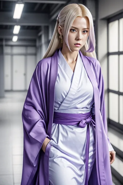 Jujutsu Kaisen anime-style art, Beautiful 25-year-old girl, big and expressionless eyes light purple colour, very long straight light ash blonde hair, slim body, tall, pale purple lips, she wears a bluish kimono with white and gold ornaments. 