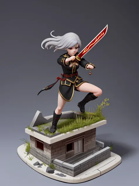 Tabletop Figures, Miniature, A Russian girl in her early 20s with ash grey hair, Fully equipped with jet black, state-of-the-art protectors, A brave pose brandishing a beautifully decorated long sword, The background is a diorama of ruins.