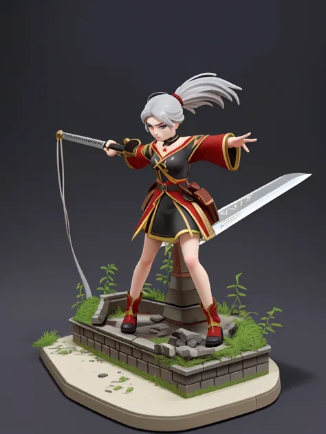 tabletop figures, miniature, a russian girl in her early 20s with ash grey hair, fully equipped with jet black, state-of-the-art...