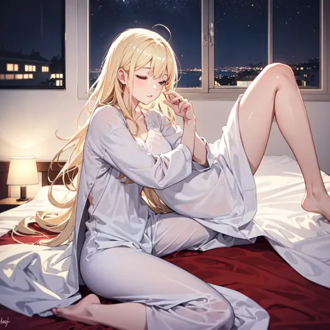 An girl with long blond hair in long creamy clolor nightshirt sleeping at night in red bed, at night