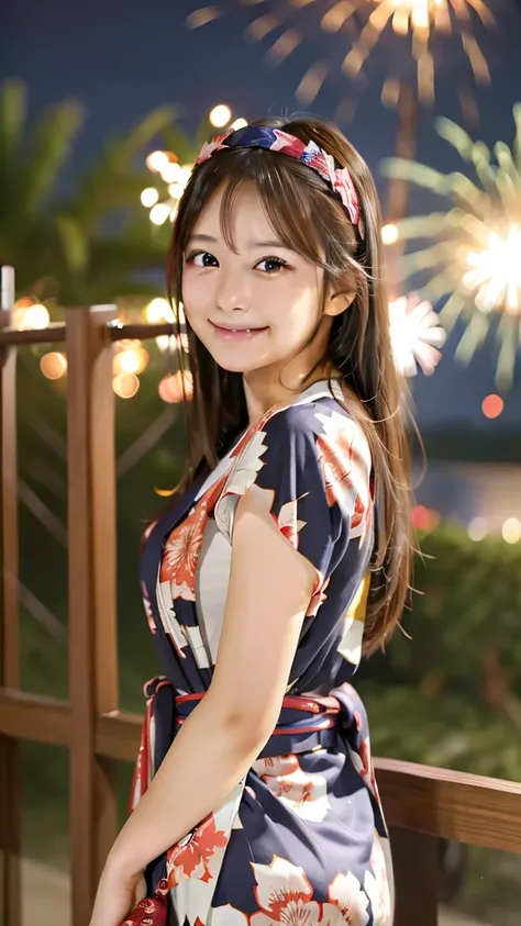 smile、high school girl、yukata、With fireworks in the background、Beautiful night view、