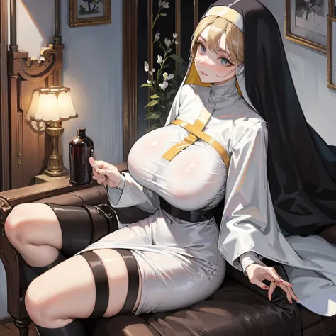 Girl with huge breasts in a nun&#39;s outfit with a huge lace neckline praying in the church