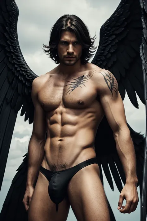 a male angel , wide , claws , scars and 4 pairs of black wings