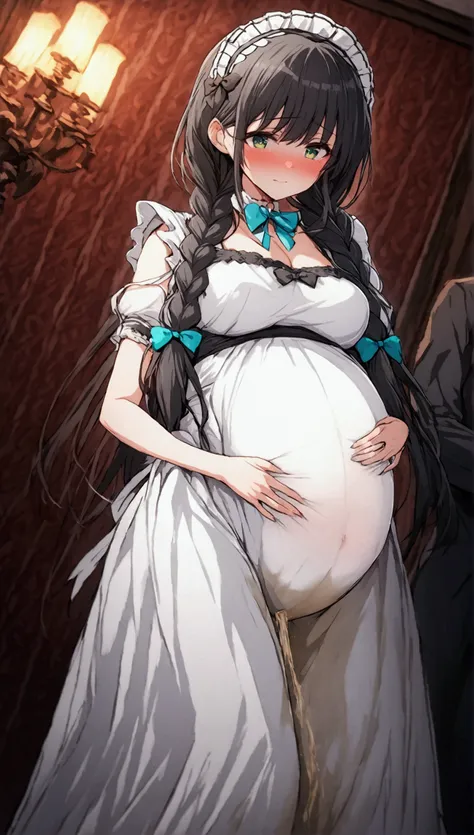 Anime. 1 girl. Housemaid. Pregnant. Black hair. Long hair. Hair is gathered in braids. Green eyes. Beautiful eyes. Perfect eyes. Expressive eyes. Beautiful nose. Ideal anatomical body. Beautiful graceful hands. Beautiful graceful legs. Medium breasts. Beau...