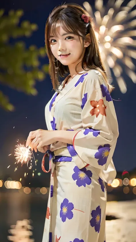 smile、high school girl、yukata、with fireworks in the background、beautiful night view、