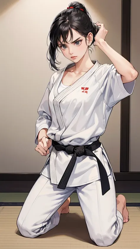 slender female karateka　mature woman　((seiza))　open chest　karate dojo　black hair　ponytail　((white t-shirt underneath the karate ...