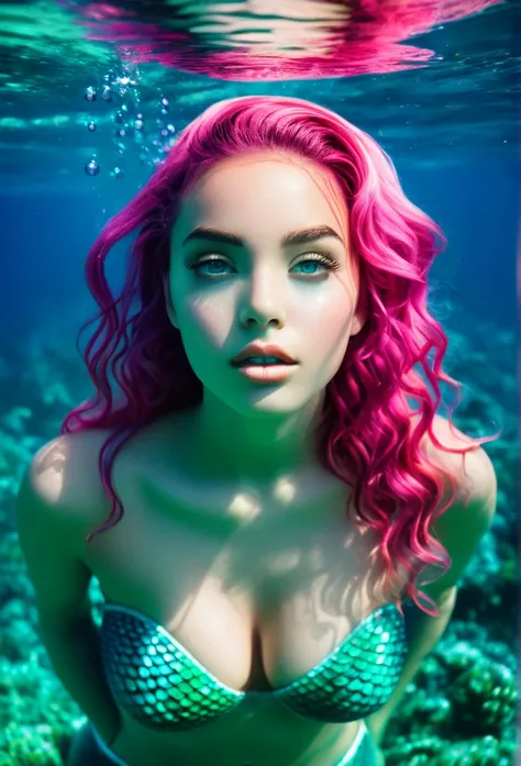 
Portrait of an extravagant and colorful woman who resembles a mermaid. perfectbody, curvaturas sexy . clean skin, Youth Resources, wide open eyes and cheeks. vibrant view, Gravity-defying hair in shades of pink and turquoise . Your hair blends in among th...