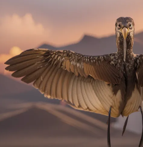 Half of brown bird, open wings, winged wings, frontal profile, frontal front view