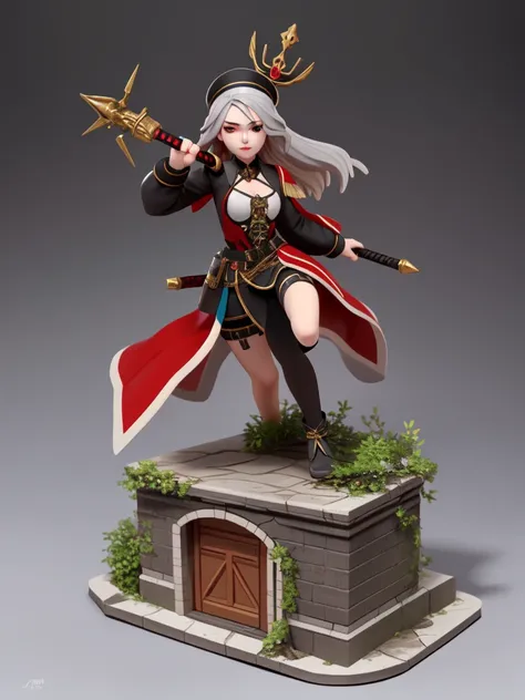 tabletop figures, miniature, the face is precise(((must))), a russian girl in her early 20s with ash grey hair, fully equipped w...