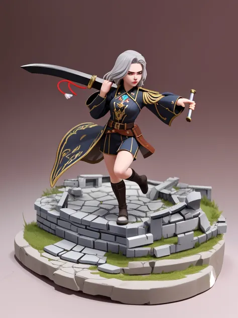 Tabletop Figures, Miniature, The face is precise(((must))), A Russian girl in her early 20s with ash grey hair, Fully equipped with jet black, state-of-the-art protectors, A brave pose brandishing a beautifully decorated long sword, The background is a dio...