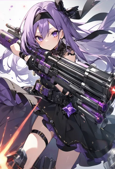 Keito。purple eye。purple Hair。gatling laser gun。black headband。long hair。wearing black dress。princess。ammo belt。