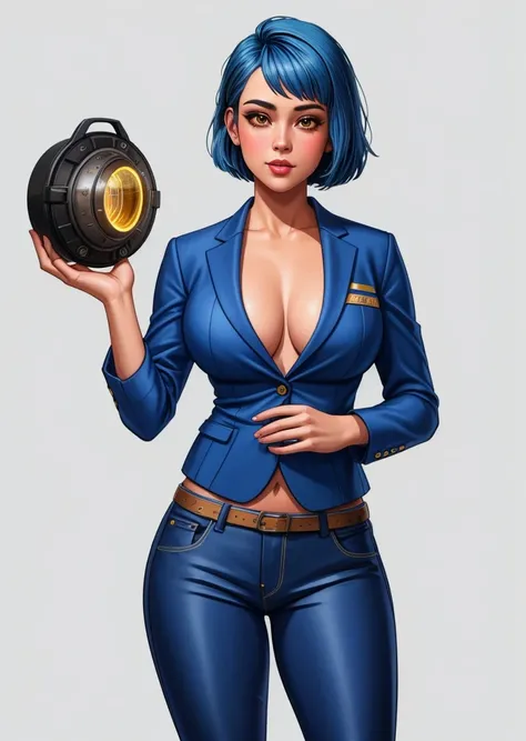 Cropped Blazer,
Blue hair,
Layered haircut,
Flared pants,
rubenesque, pinup,
cowboy shot, standing , in a retro-futuristic setting, atompunk style, golden orb,

white background, blank background,, (Extremely Detailed Oil Painting:1.2), glow effects, godra...