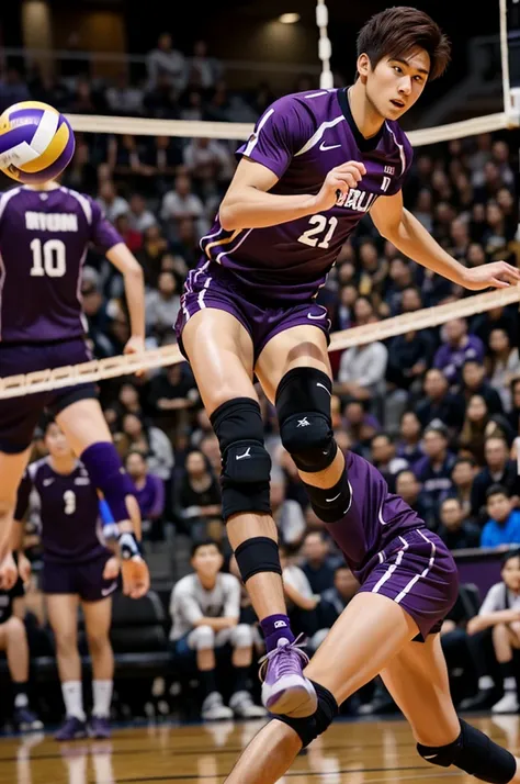 Shiratorizawa volleyball player in uniform, with brown hair and purple highlights