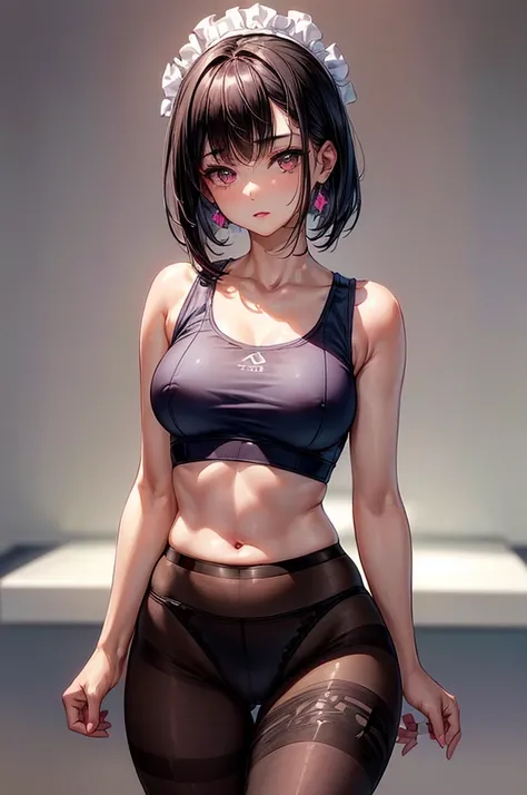 ((highest quality)),(ultra high resolution),(Super detailed),(detailed description),((best CG)),(best work of art),super precision art, great drawing art,(Art with precise details:1.5), (sleeveless sports bra with opaque waist high plain style pantyhose un...