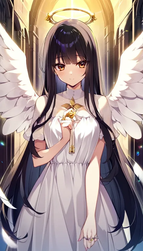 one girl, angel, angel wing, angel ring, sacred, cute, naive, black long hair