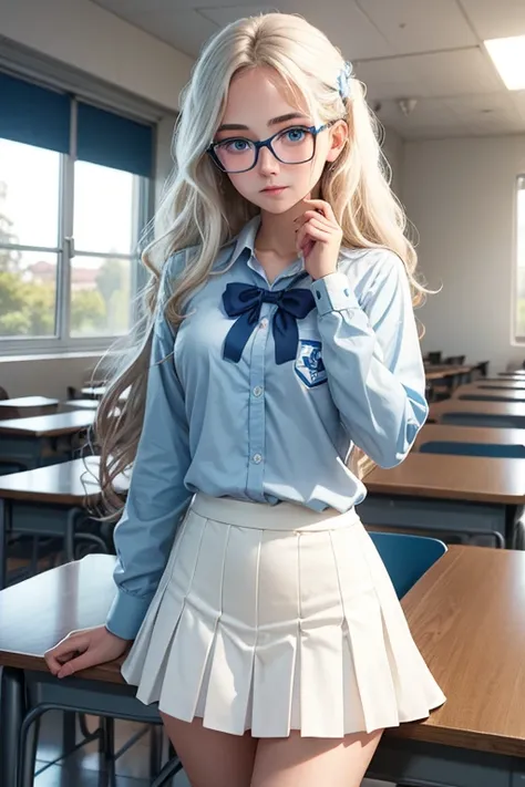 Teenager with wavy hair, white with blue eyes, attractive girl with glasses in skirt uniform and blue long sleeve shirt at school 