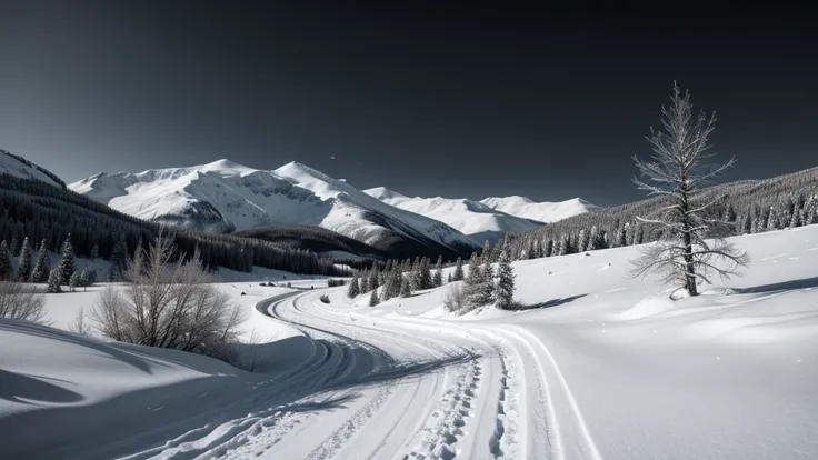 vegetation and snow in black and white