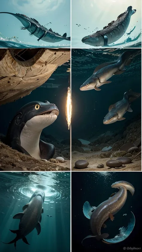 Gulper Eel Life Cycle: A sequence of images showing the life cycle of the Gulper Eel, from egg to adulthood. The scene includes bioluminescent eggs, fry swimming in schools, and the maturity of the creature hunting in its natural habitat. (Watercolor style...