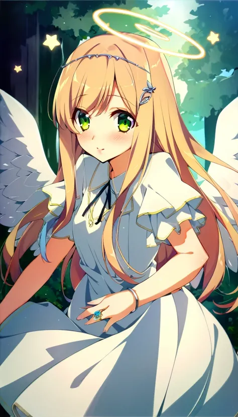 one girl, angel, angel wing, angel ring, sacred, cute, naive, long hair, anime style