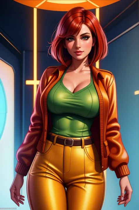 pretty woman, (1girl:1.3),

Cardigan,
Red hair,
Lob (long bob),
Trousers,
rubenesque, pinup,
cowboy shot, standing , in a retro-futuristic setting, atompunk style,

white background, blank background,, (Extremely Detailed Oil Painting:1.2), glow effects, g...