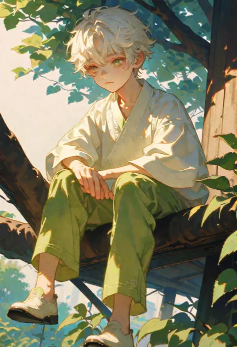 Style 9, a boy with straight white hair, bangs, tired hazel eyes, pale complexion, sitting in a tree house