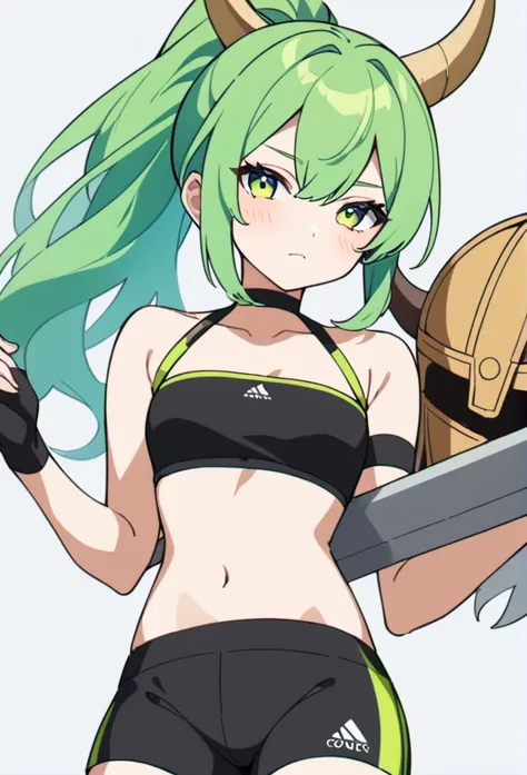 lily_entomach, 1girl, solo,tube top, spandex shorts, viking_helmet, ponytail, green hair,