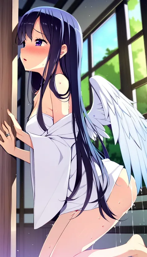 one girl, angel, angel wing, angel ring, sacred, cute, naive, long hair, sex, 