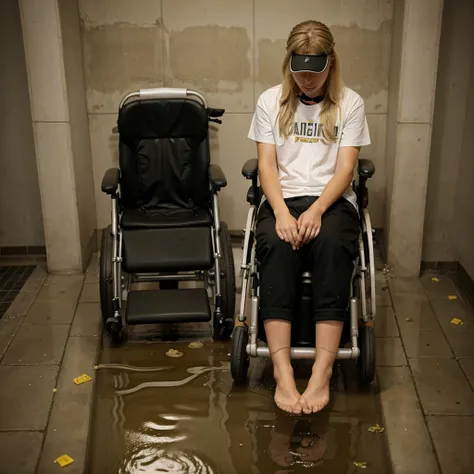 Blonde girl in wheelchair, peeing in his pants, stream of urine coming out of pants, in the bathroom, puddle of urine on wheelchair seat, stream of urine falling under the wheelchair