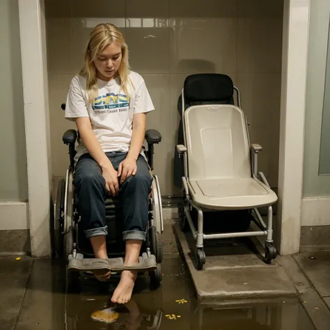 Blonde girl in wheelchair, peeing in his pants, stream of urine coming out of pants, in the bathroom, puddle of urine on wheelchair seat, stream of urine falling under the wheelchair