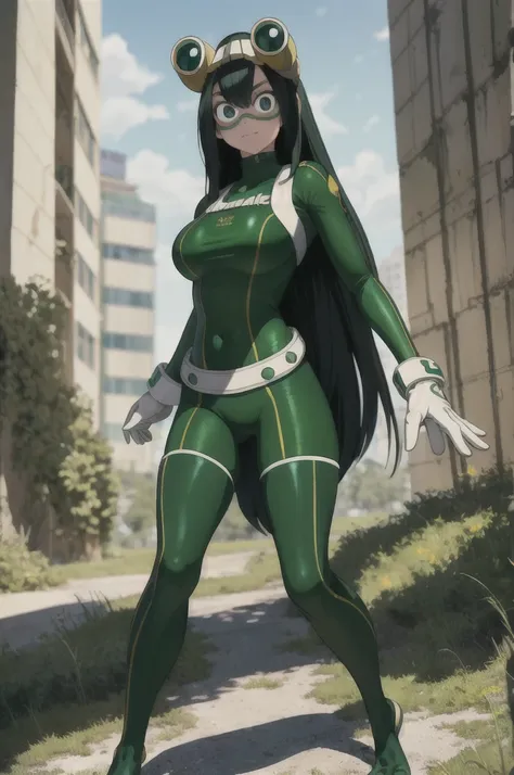 (masterpiece, best quality;1.3), extremely detailed ,ultra-detailed, 1girl, solo,  looking at the viewer, detailed skin,  crawling, full body, standing, asui tsuyu, low-tied long hair, :p, white gloves, green bodysuit, hair rings, goggles, city, extra larg...