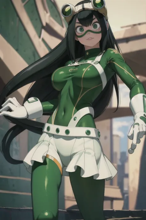 (masterpiece, best quality;1.3), extremely detailed ,ultra-detailed, 1girl, solo,  looking at the viewer, detailed skin,  crawling, full body, standing, asui tsuyu, low-tied long hair, :p, white gloves, green bodysuit, hair rings, goggles, city, extra larg...