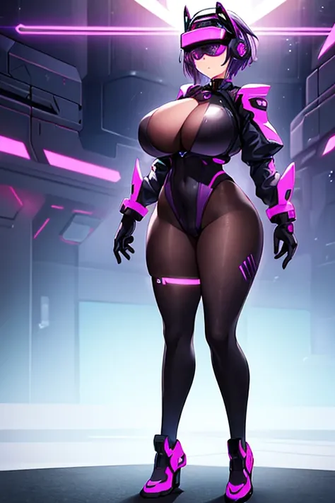 1girl, covered eyes, purple hair, very short hair, large breasts, hourglass figure, bodysuit, black bodysuit, neon, neon trim, machinery, tech, science-fiction, futuristic, standing, full body, ((full body)), pantyhose, black pantyhose, head-mounted displa...