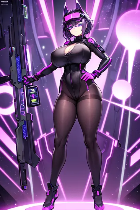 1girl, covered eyes, purple hair, very short hair, large breasts, hourglass figure, bodysuit, black bodysuit, neon, neon trim, machinery, tech, science-fiction, futuristic, standing, full body, ((full body)), pantyhose, black pantyhose, head-mounted displa...