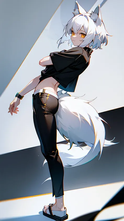 wolf girl white hair white wolf ears maximum resolution eyes Gold and black t-shirt black pants and white wolf tail have two white slippers