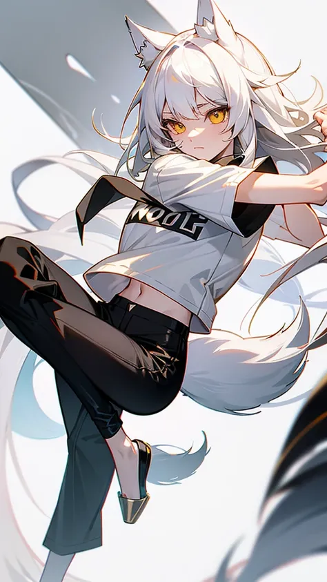 wolf girl white hair white wolf ears maximum resolution eyes Gold and black t-shirt black pants and white wolf tail have two white slippers