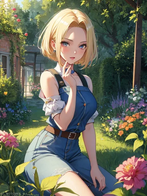 Beauty, cute, Pitiful, garden, android１８Number, (masterpiece), highest quality, 1girl, uhd, retina, masterpiece, ccurate, anatomically correct, textured skin, super detail, high details, high quality, best quality, highres, 4K