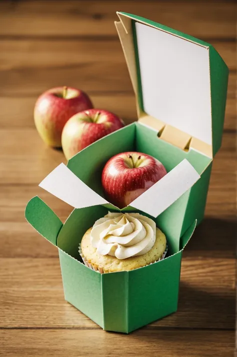 Small box with a single cupcake, a single apple inside 